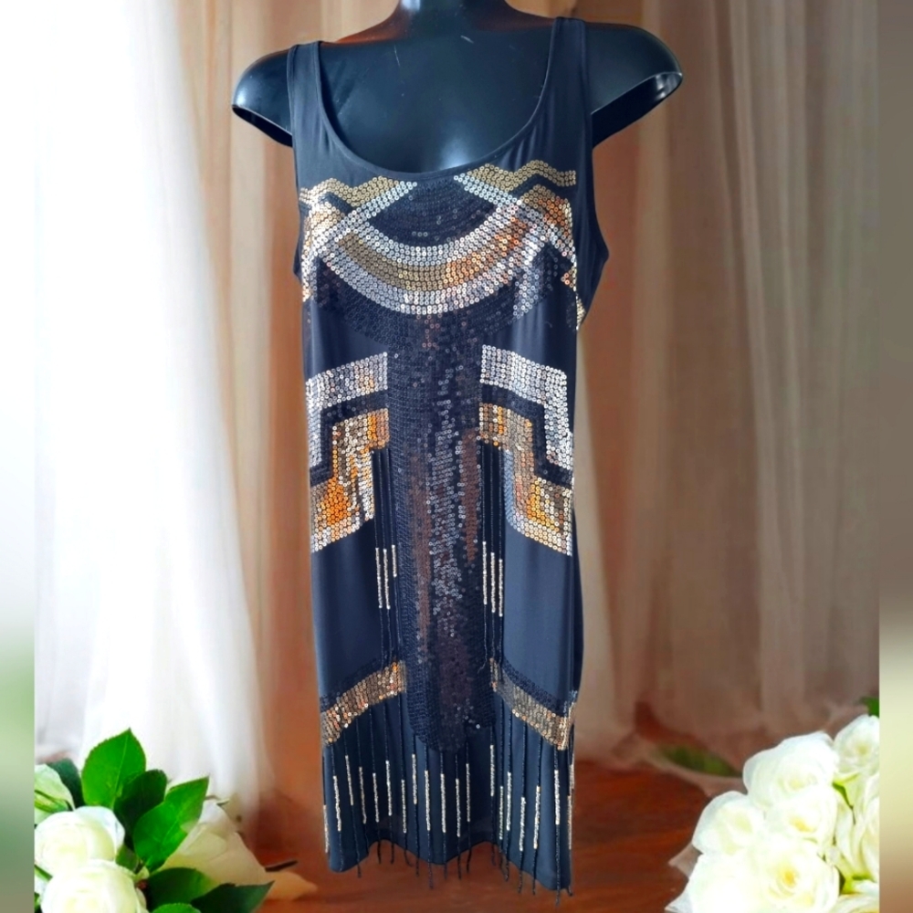 Retro 1920’s Art Deco Flapper Spangled Tasseled Sequined Black Dress Size 10